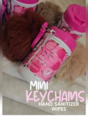 Mini Keychain Antibacterial Hand Wipes Canister with Tan Pom Keychain